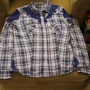 Guess Embroidered Mesh Inset Plaid Shirt-NWT